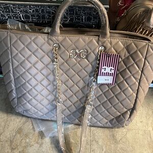 Gilda Paris Quilted Large Tote Bag Taupe with Chain Strap
